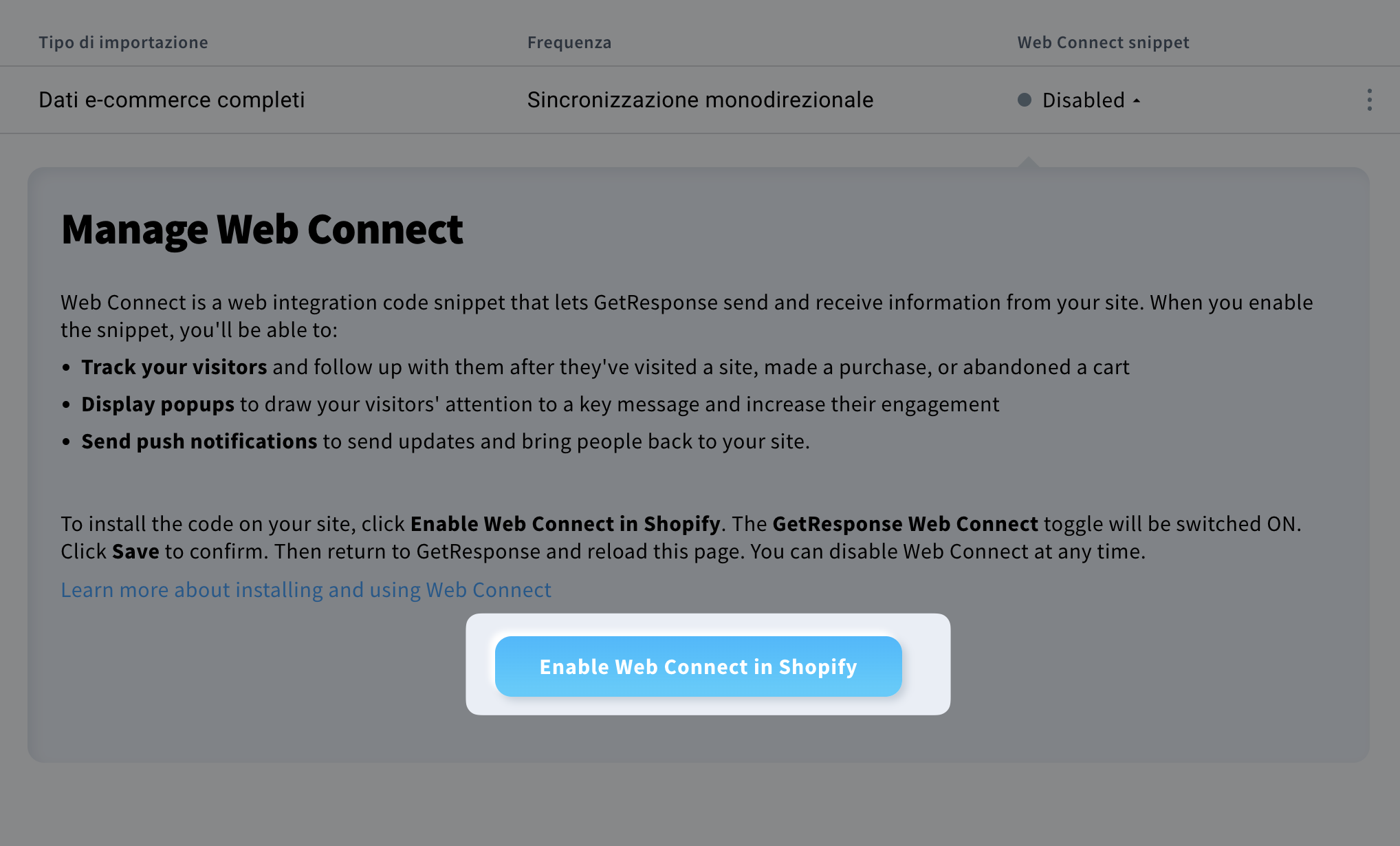 Gestione di WebConnect in Shopify