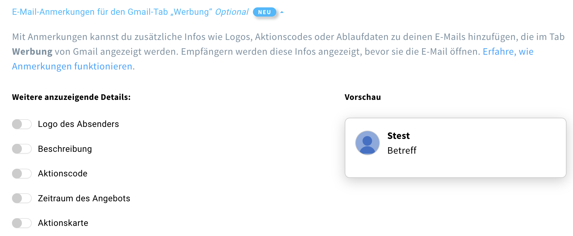 Verfügbare Optionen im Bereich E‑Mail‑Anmerkungen