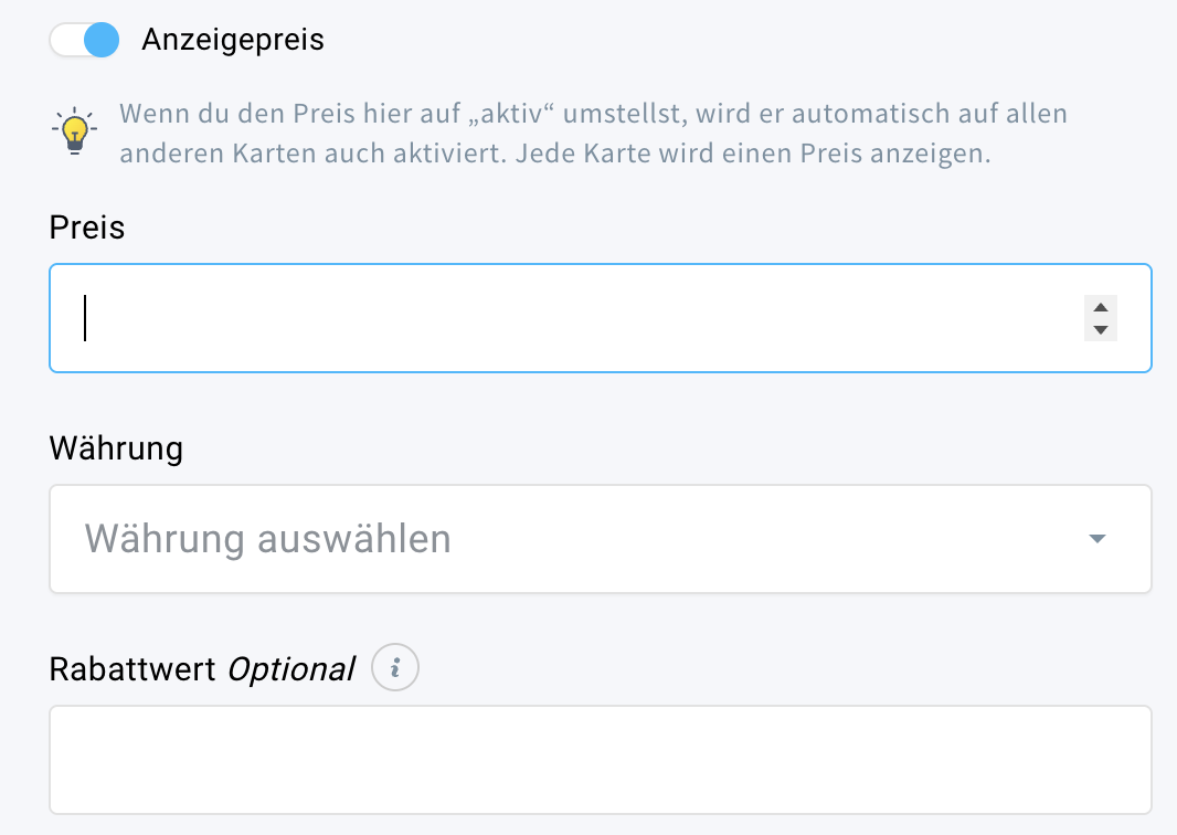 Die verfügbaren Einstellungen, wenn Sie sich dafür entscheiden, den Produktpreis anzuzeigen