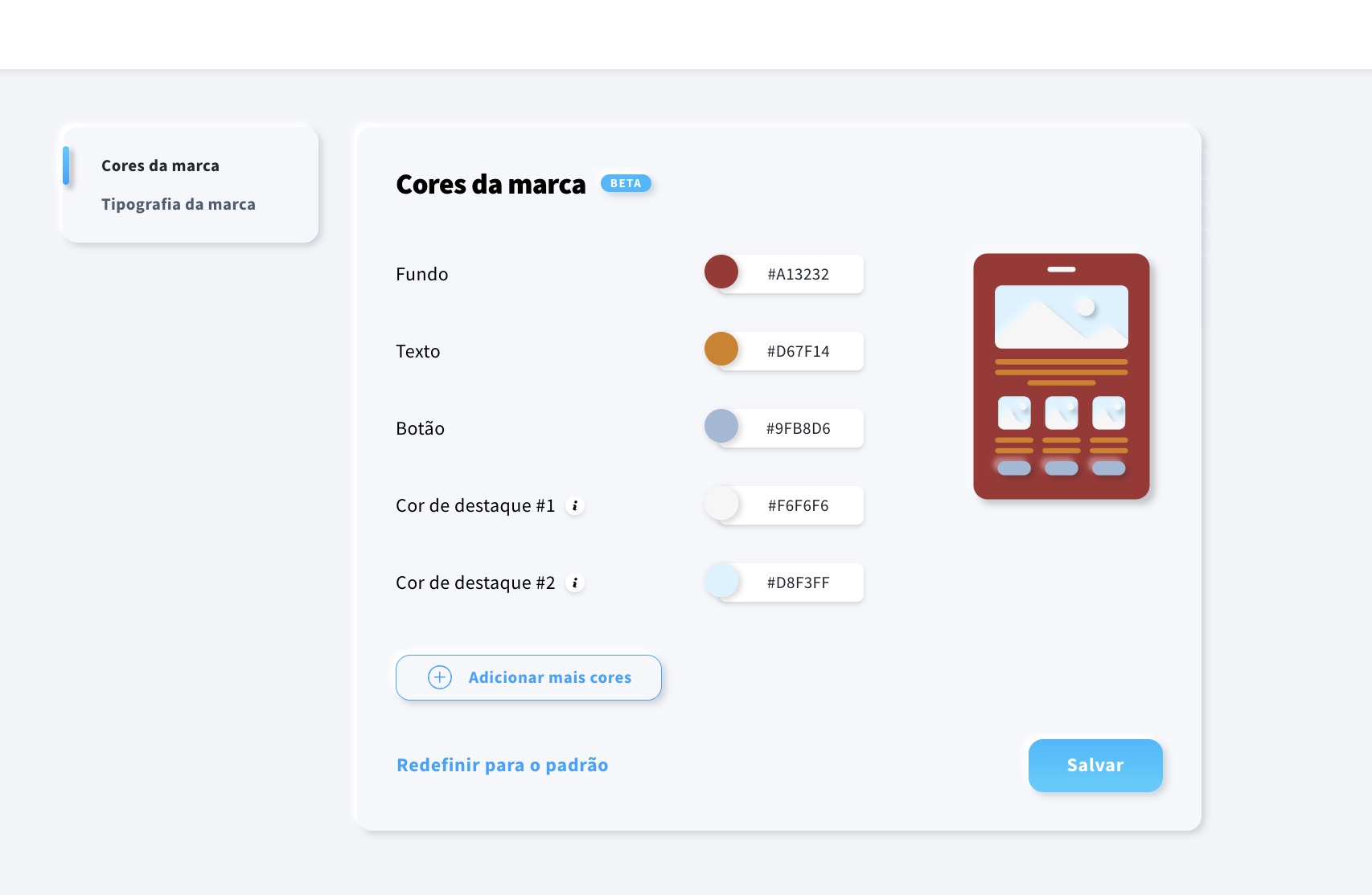 O separador «Cores da marca» no Kit da marca, onde o utilizador pode selecionar as cores predefinidas para o fundo, texto, botões e detalhes, bem como cores adicionais que aparecerão na paleta.