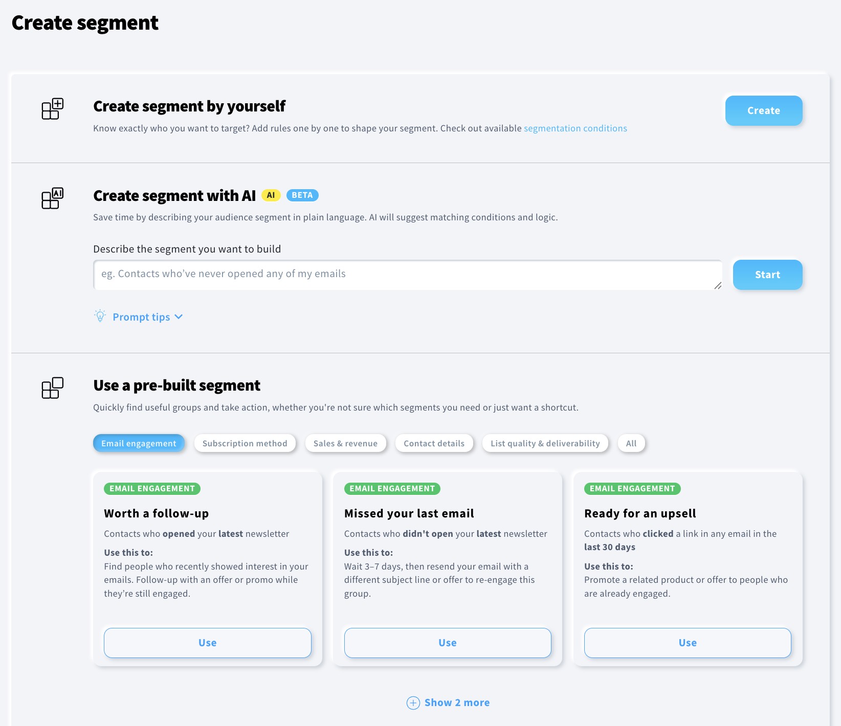 All possible options to create a segment in GetResponse.