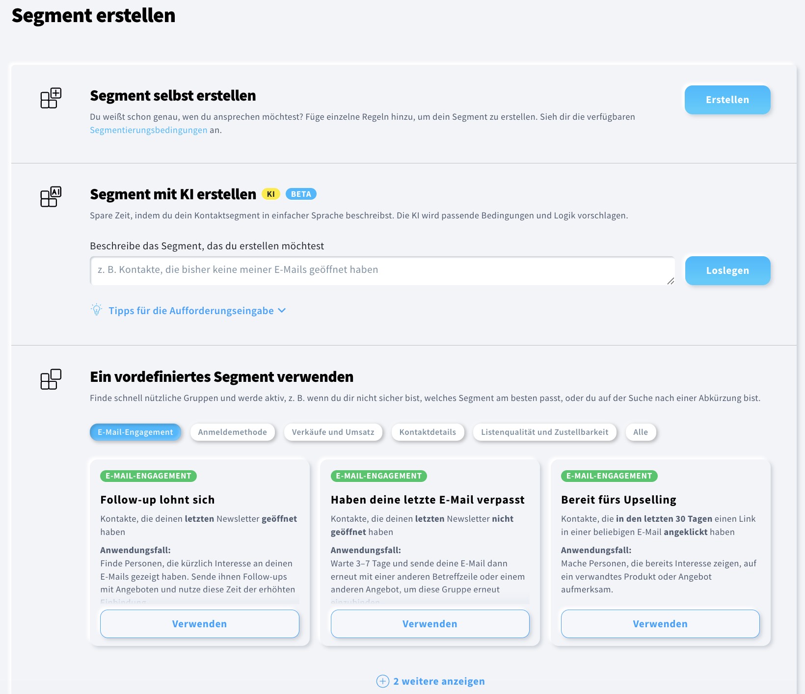 Alle verfügbaren Optionen zum Erstellen eines Segments in GetResponse.