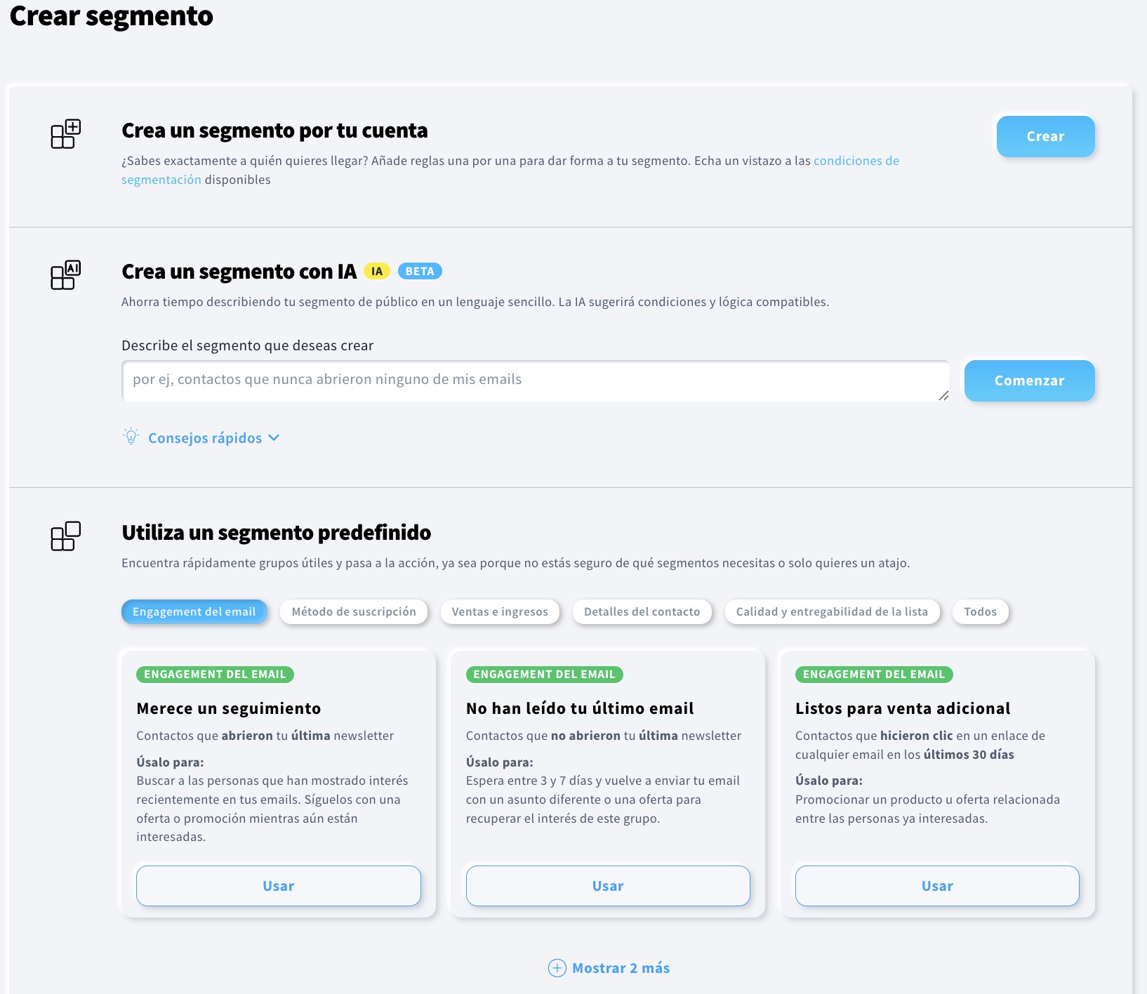 Todas las opciones disponibles para crear un segmento en GetResponse.