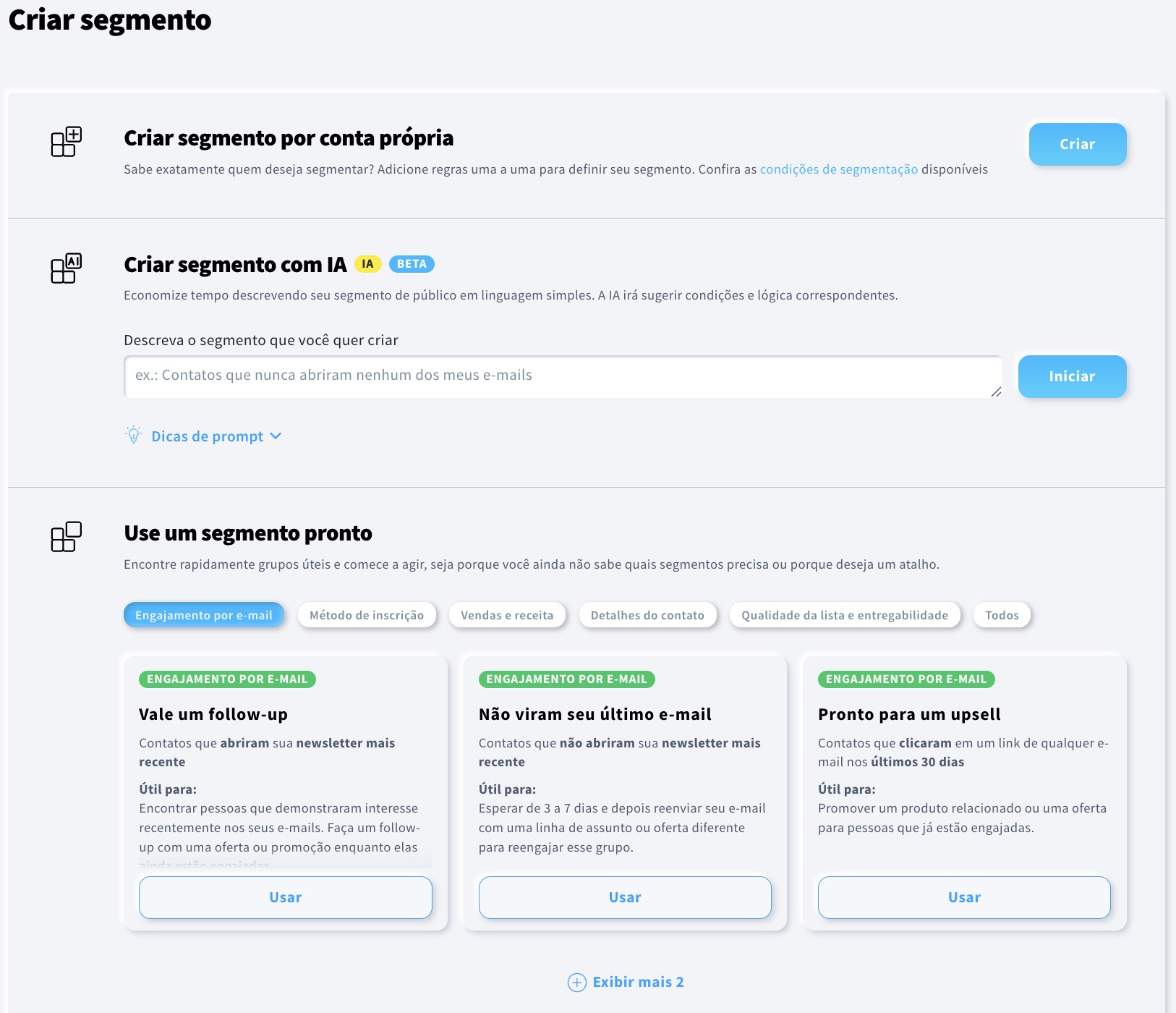 Todas as opções disponíveis para criar um segmento na GetResponse.