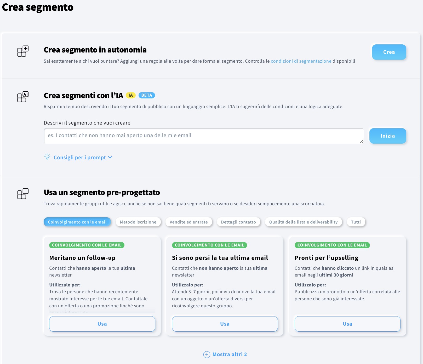 Tutte le opzioni disponibili per creare un segmento in GetResponse.