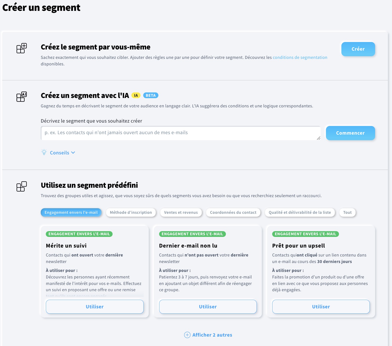 Toutes les options disponibles pour créer un segment dans GetResponse.