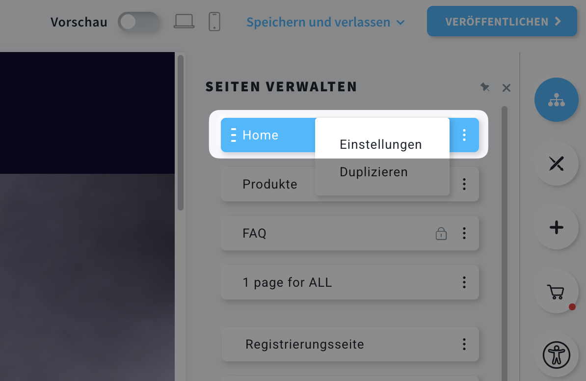 Zugriff auf die Seiteneinstellungen im Website-Editor