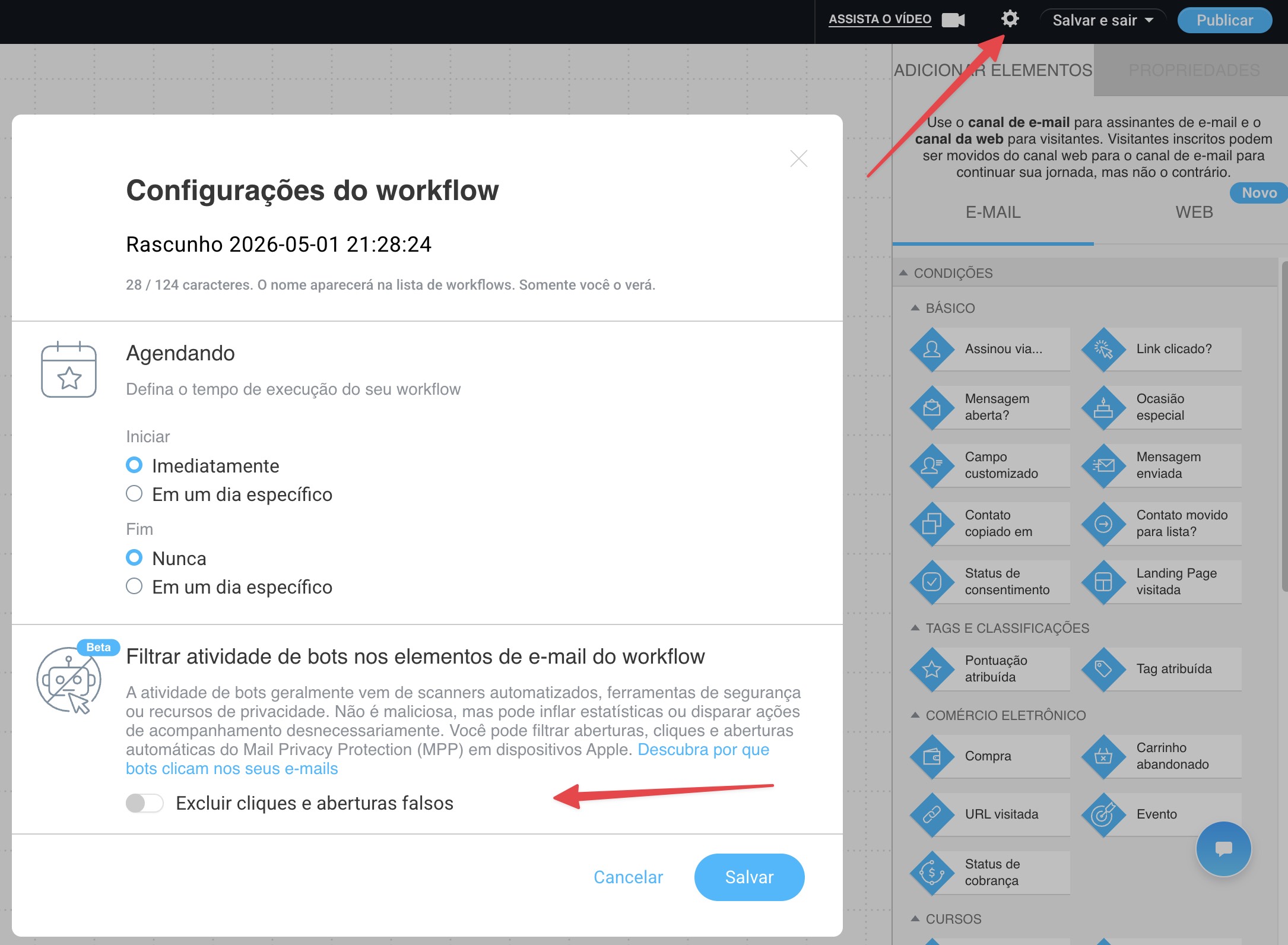 Ative a opção "Apagar aberturas e cliques falsos" nas definições do fluxo de trabalho.