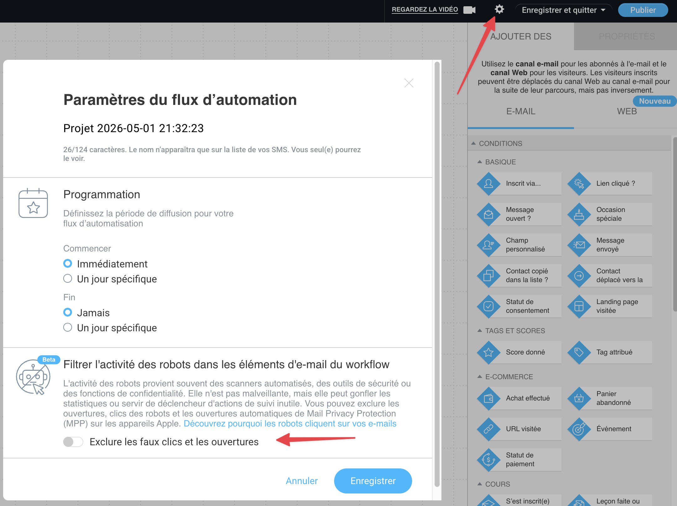 L'option « Exclure les ouvertures et clics factices » se trouve dans les paramètres du flux de travail.