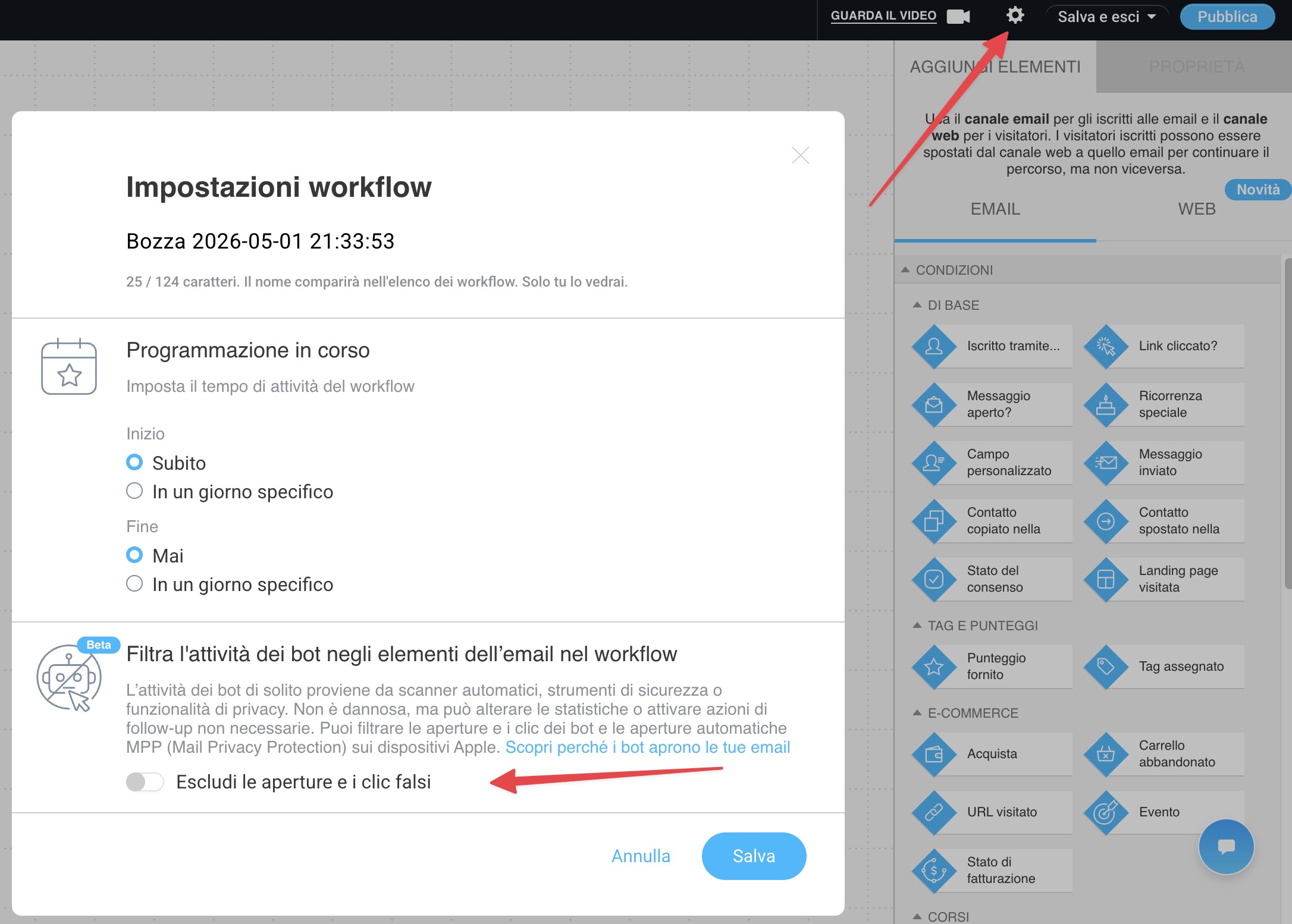 L'opzione "Escludi aperture e clic falsi" si attiva nelle impostazioni del flusso di lavoro.