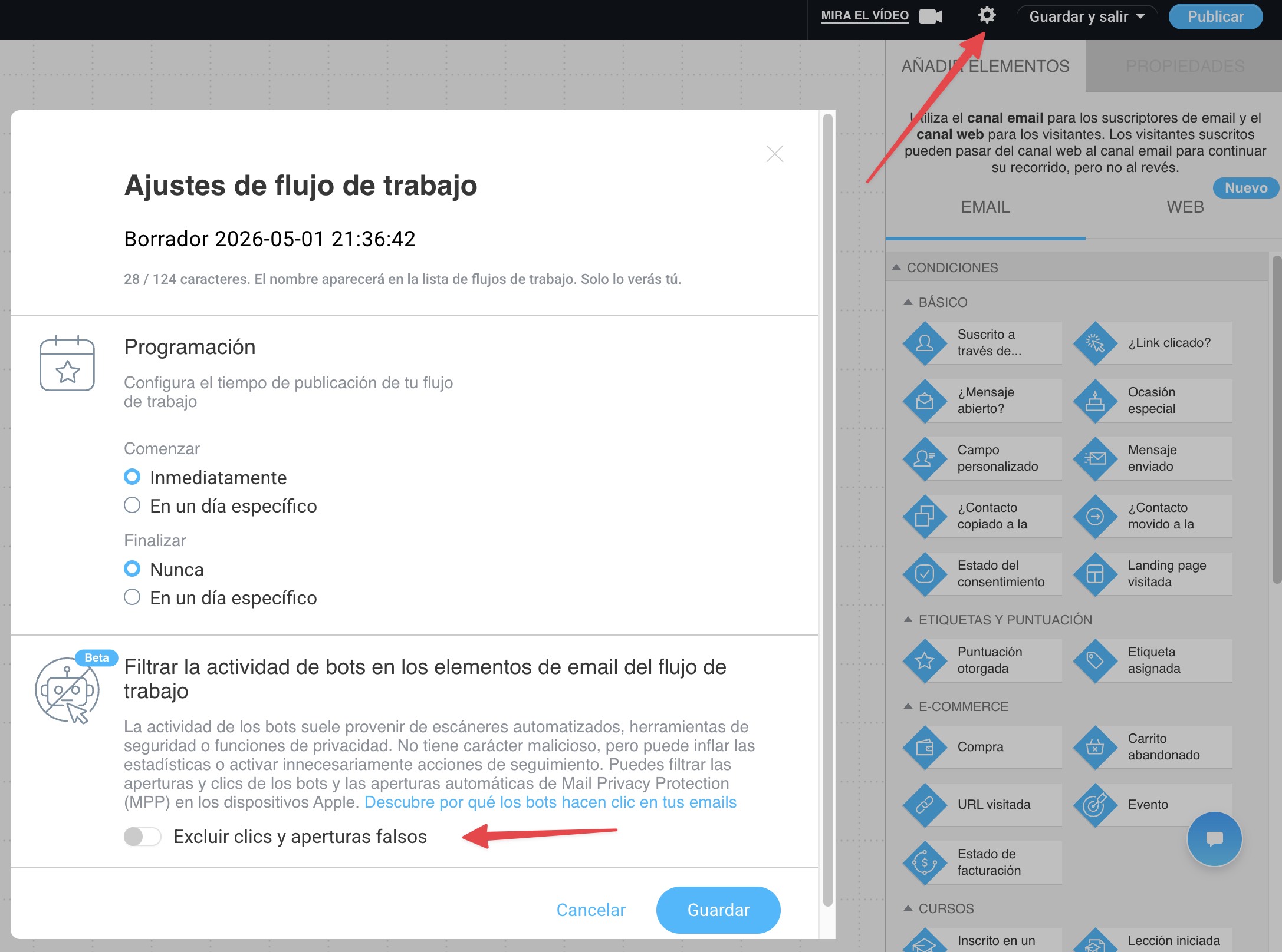 Excluir aperturas y clics falsos (activar en la configuración del flujo de trabajo)