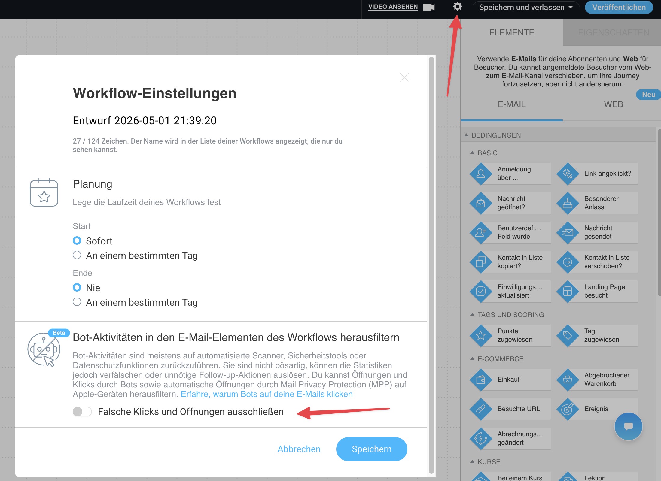 In den Workflow-Einstellungen die Option „Gefälschte Öffnungen und Klicks ausschließen“ aktivieren