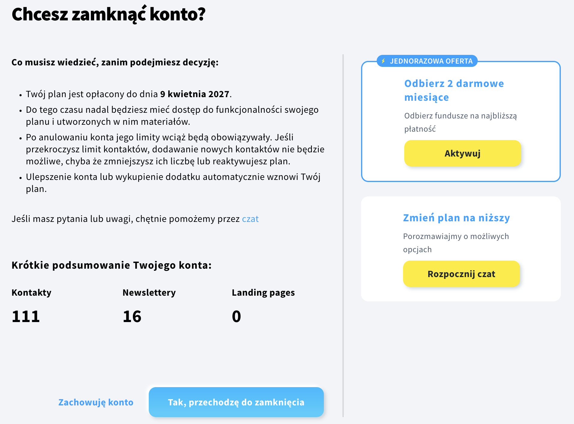Ekran potwierdzenia zamknięcia konta.