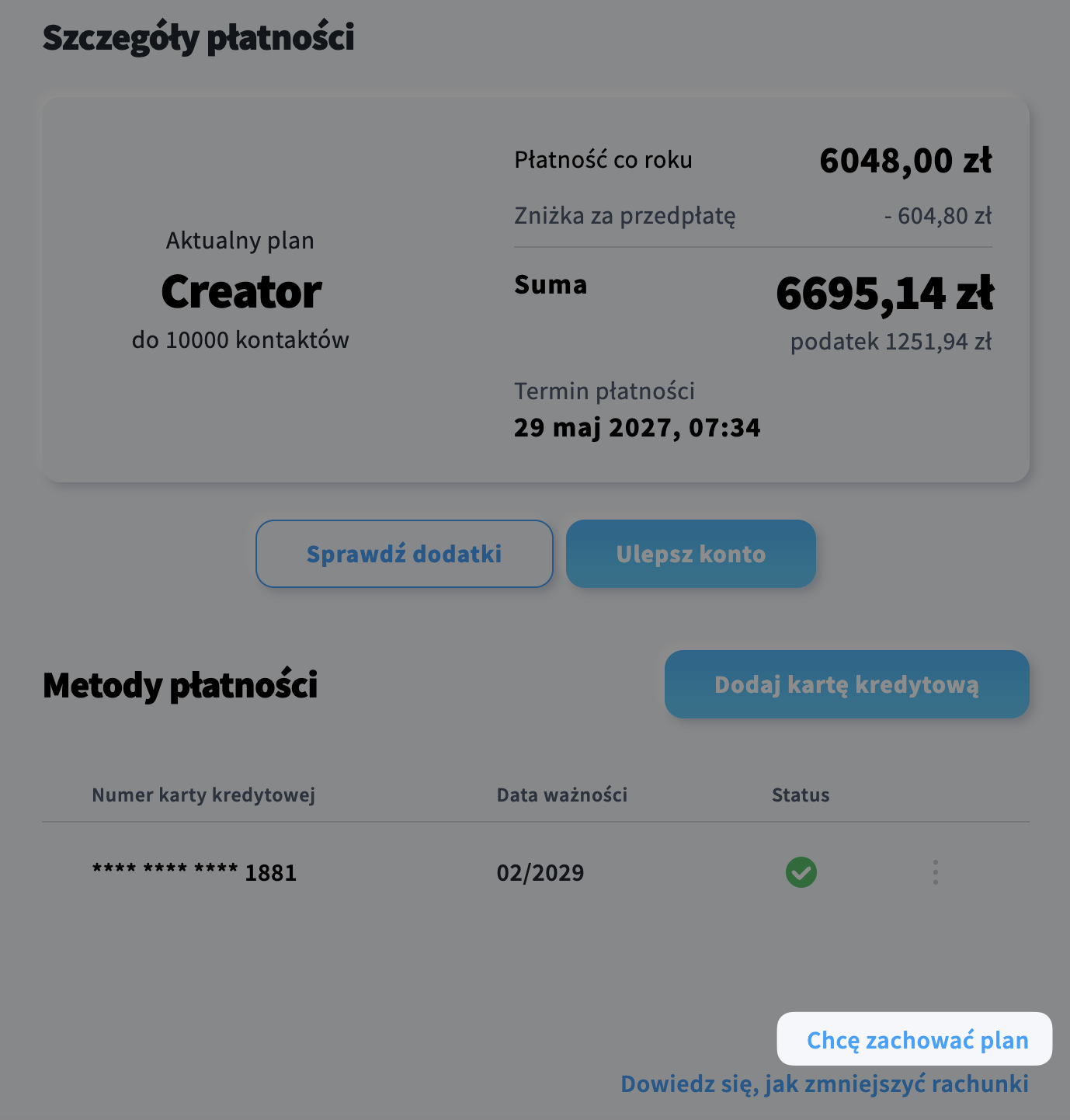Opcja "Chcę zachować plan" służąca do anulowania zaplanowanego zamknięcia konta.