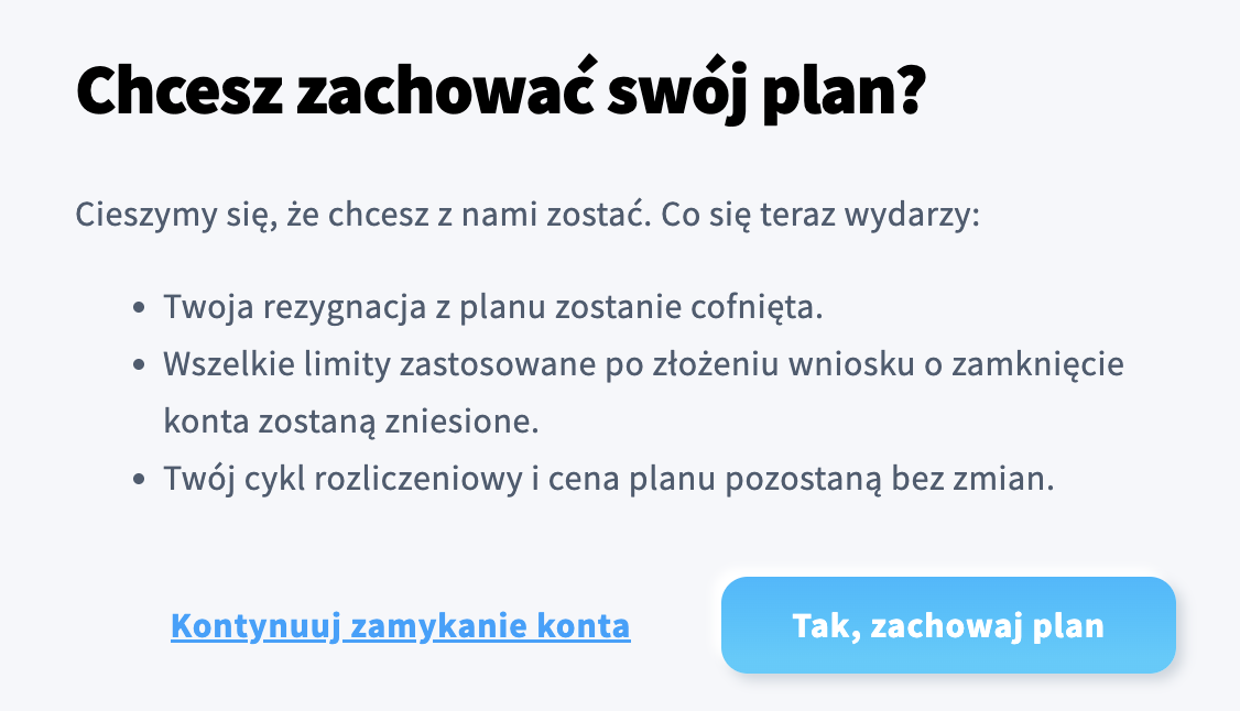 Ekran potwierdzający zachowanie konta.