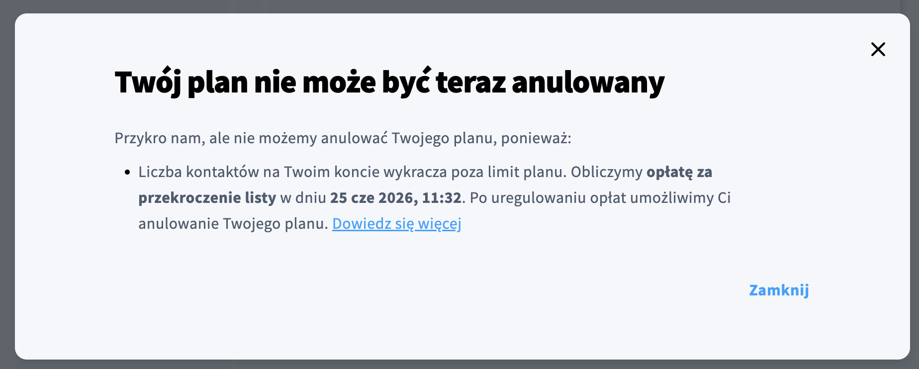Ekran potwierdzający brak możliwości zamknięcia konta z powodu przekroczonego rozmiaru listy.