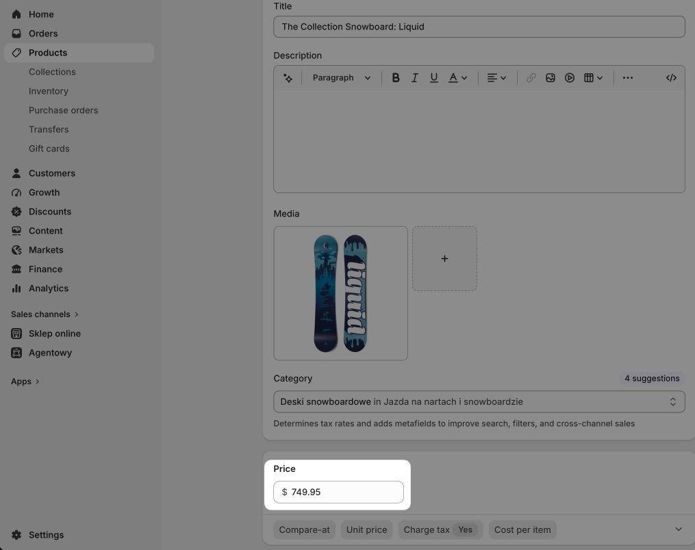 Obraz pokazujący miejsce ustawienia ceny produktu w Shopify.