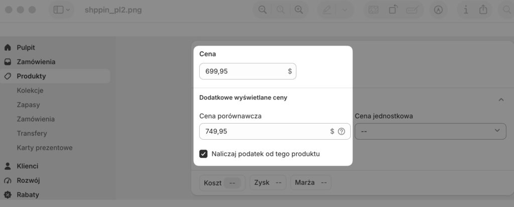 Obraz pokazujący, gdzie ustawić cenę porównawczą w Shopify.