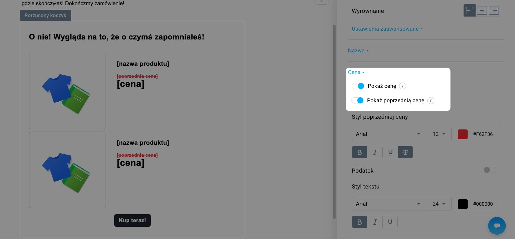 Pokaż cenę i uwzględnij poprzednie ceny – przełączaj opcje w edytorze kampanii e-commerce w GetResponse.