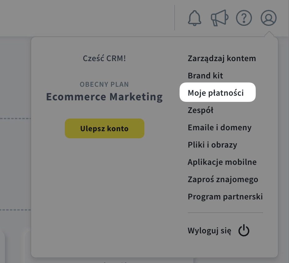 Sekcja Moje płatności widoczna w dropdown menu Profil.