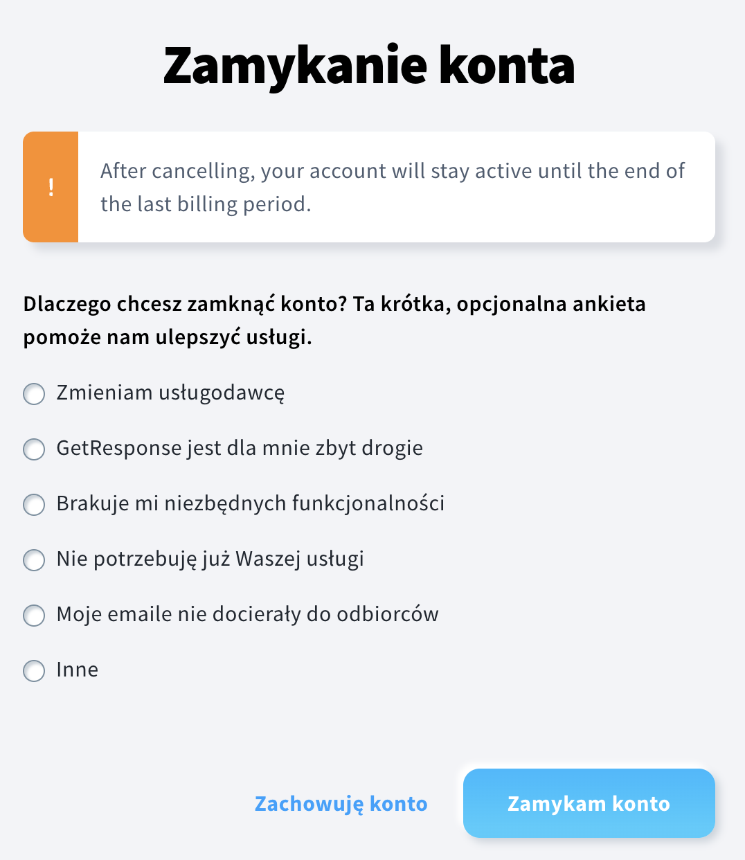 Wybór powodu zamknięcia konta.