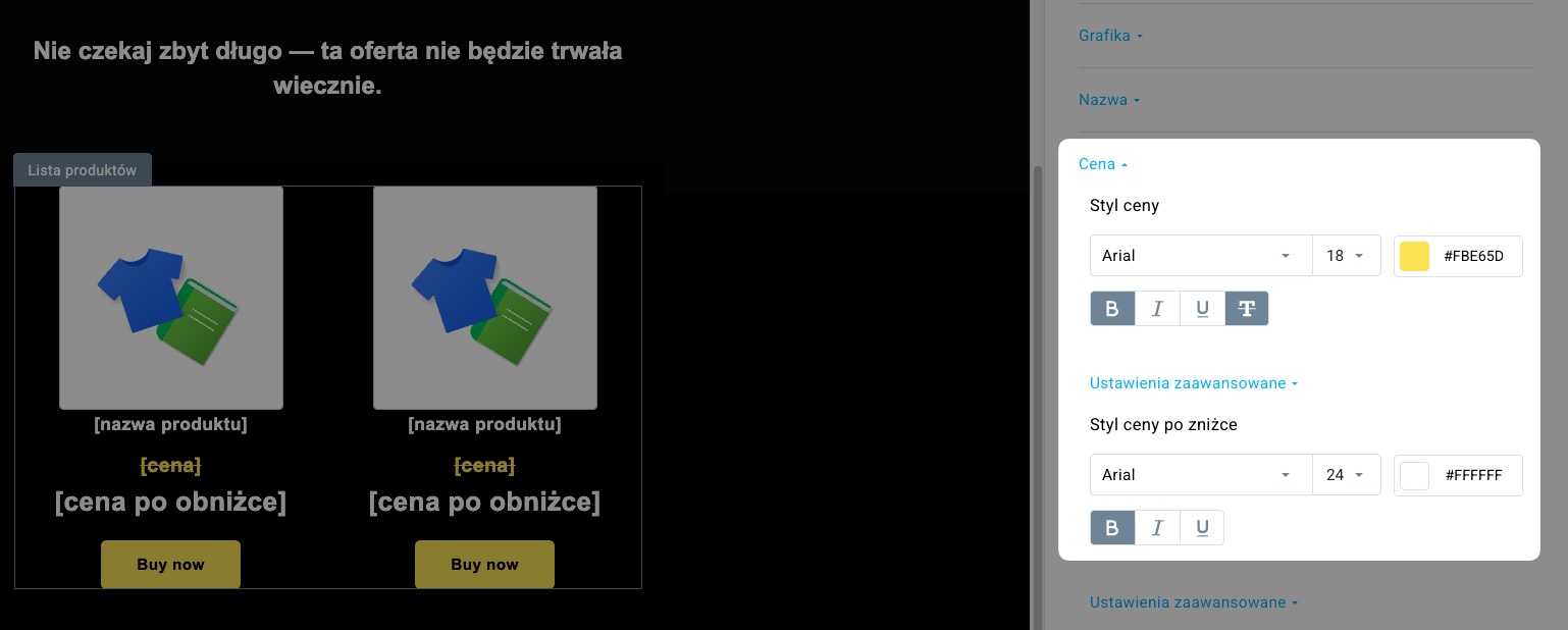 Pokaż cenę i uwzględnij poprzednie ceny – przełączaj opcje w edytorze kampanii e-commerce w GetResponse.