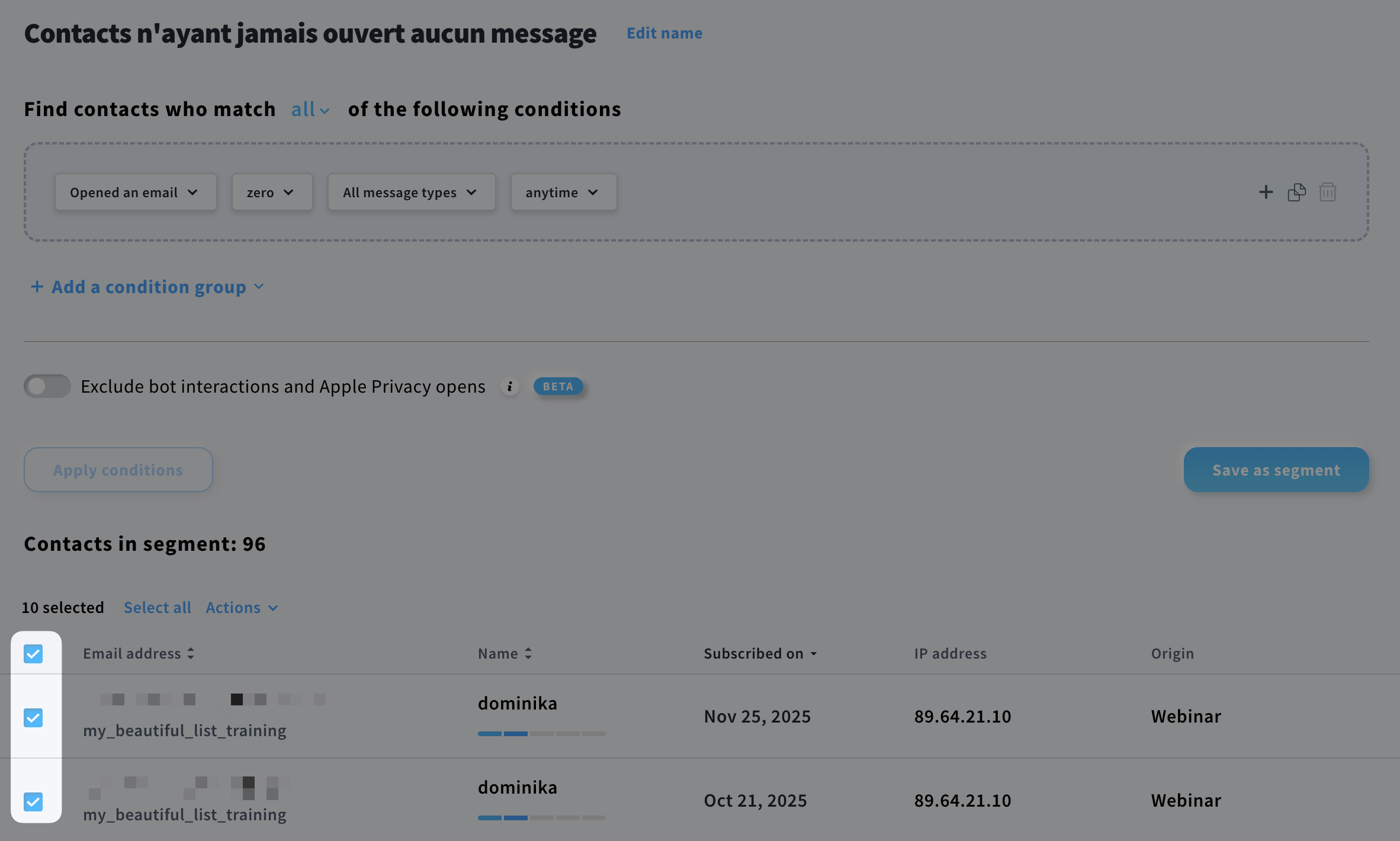Checkboxes next to contacts in a segment.