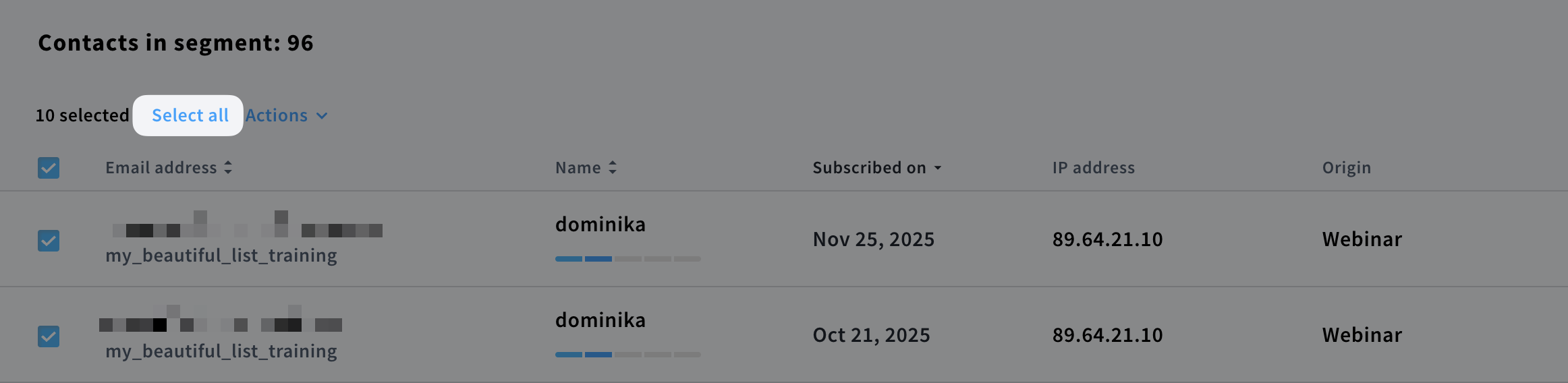 "Select All" option above the segment.