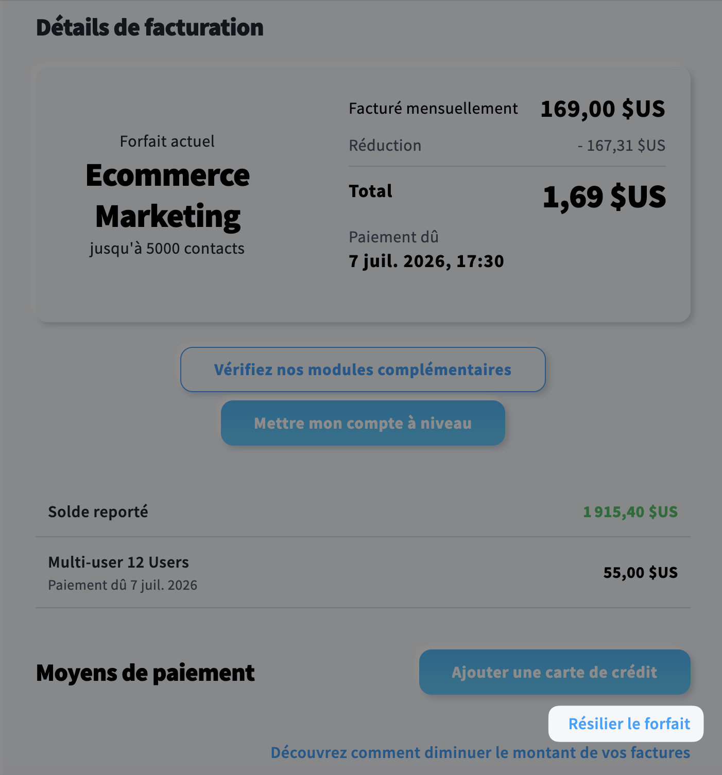 Bouton Résilier le forfait dans le panneau Facturation.