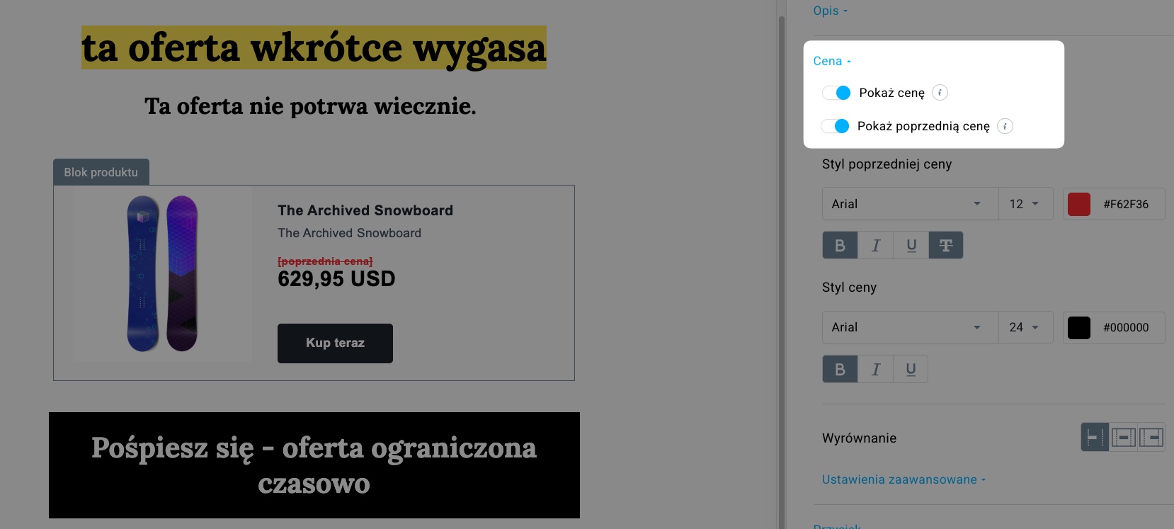 Pokaż cenę i uwzględnij poprzednie ceny – przełączanie w edytorze wiadomości w GetResponse.