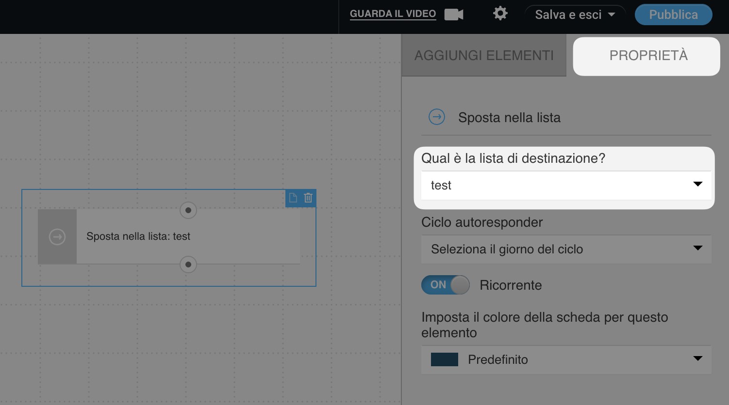 Opzione “Sposta nella lista” dell'elemento di automazione della mailing list