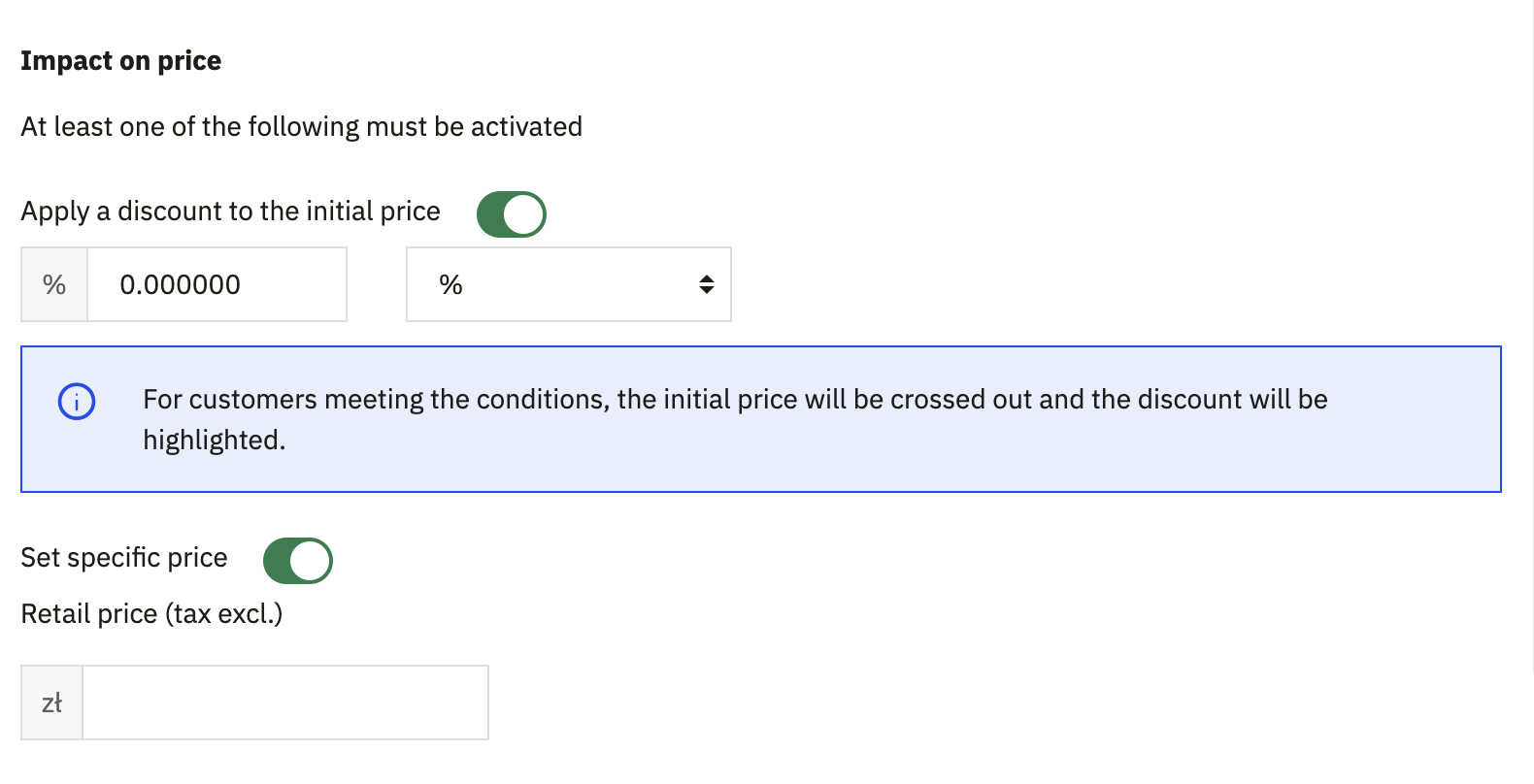 Settings for impact on price