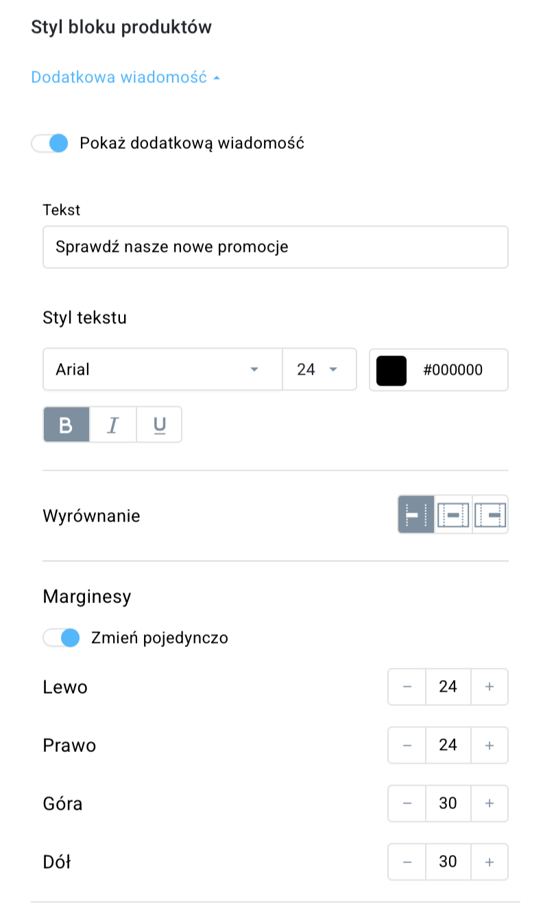 Ustawienia sekcji dodatkowa wiadomość