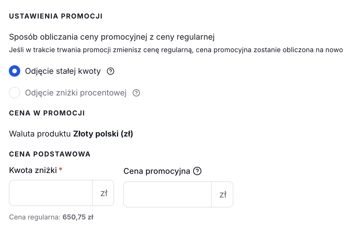 Ustawienia promocji (odjęcie stałej kwoty lub odjęcie zniżki procentowej) w Shoper.