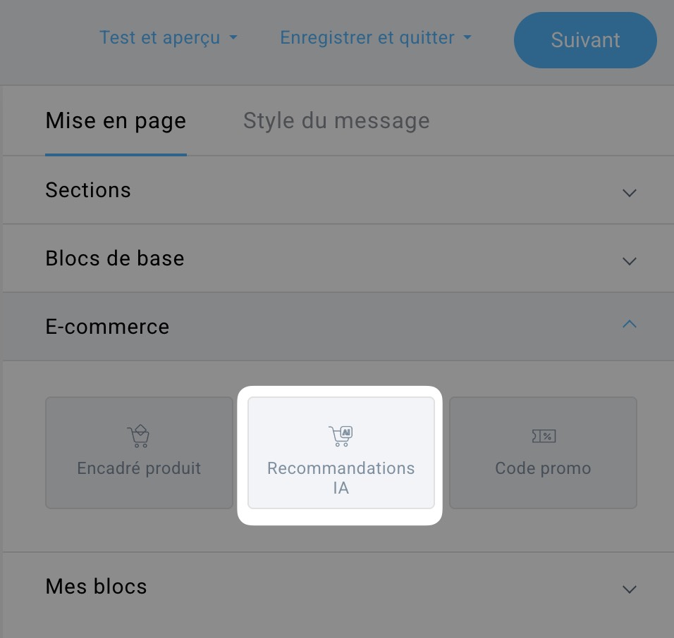 Élément de newsletter avec recommandations basées sur l'IA
