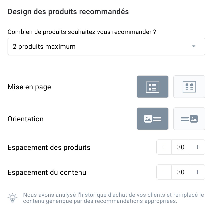 Paramètres de mise en page des recommandations générées par l'IA