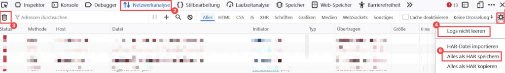 Download der HAR-Datei im Network-Tab in Mozilla Firefox