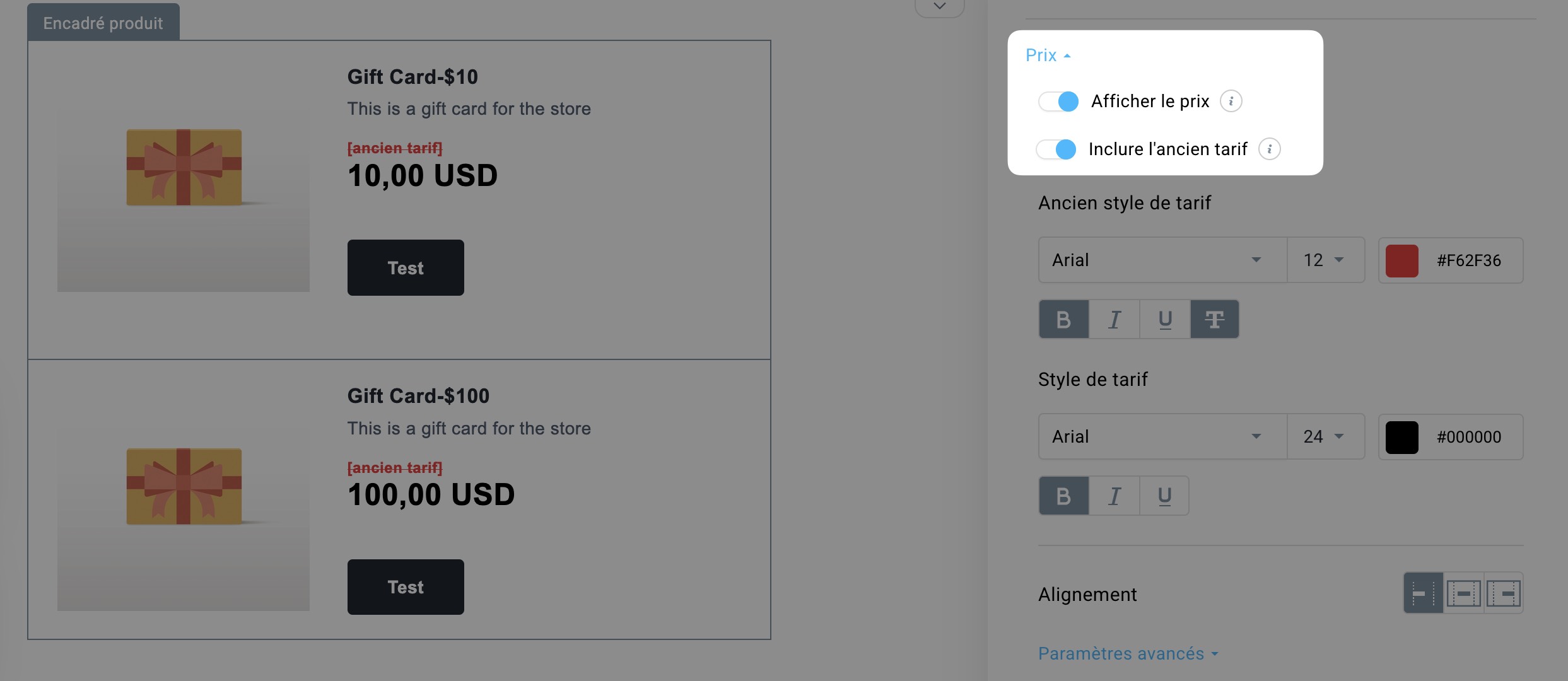 Dans GetResponse, activez les options Afficher le prix et Inclure le prix précédent dans l’éditeur de messages.