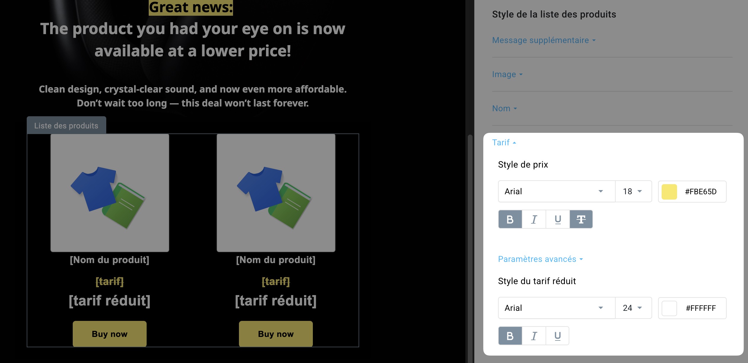 Les options Afficher le prix et Inclure le prix précédent sont disponibles dans l’éditeur des campagnes e-commerce de GetResponse.