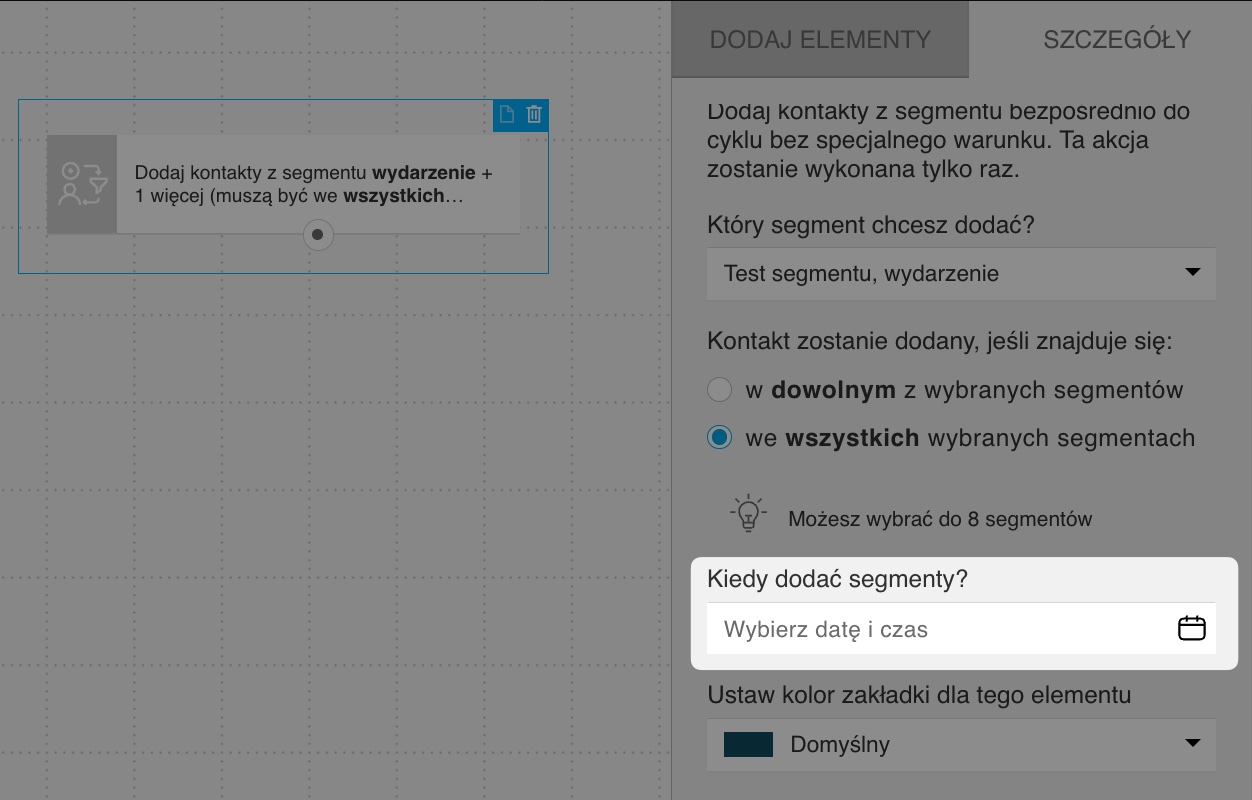 Selektor daty w ustawieniach akcji „Dodaj segmenty do cyklu automation”.