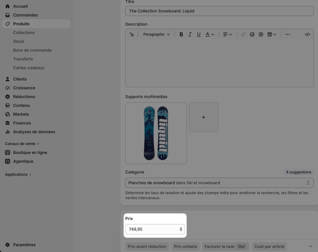 Image montrant où le prix du produit est défini dans Shopify.
