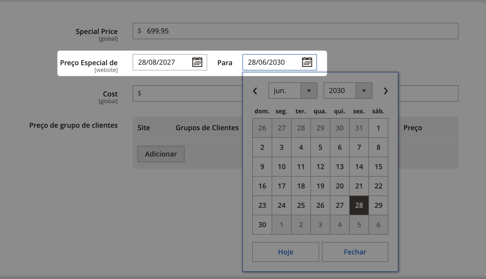 Definir um intervalo de datas no Magento.