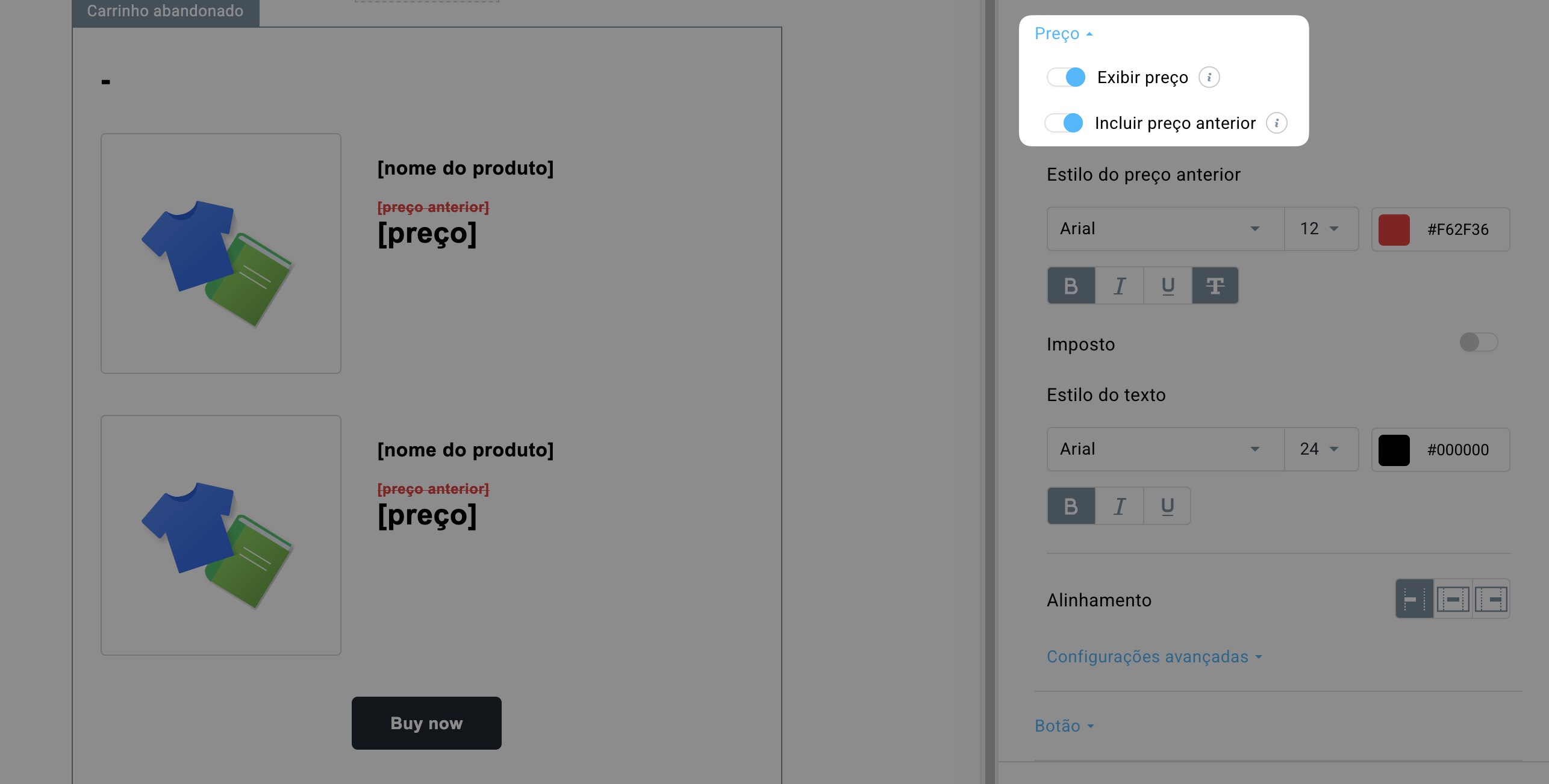 No editor de campanhas de comércio eletrónico do GetResponse, é possível ativar/desativar as opções "Mostrar preço" e "Incluir preço anterior".