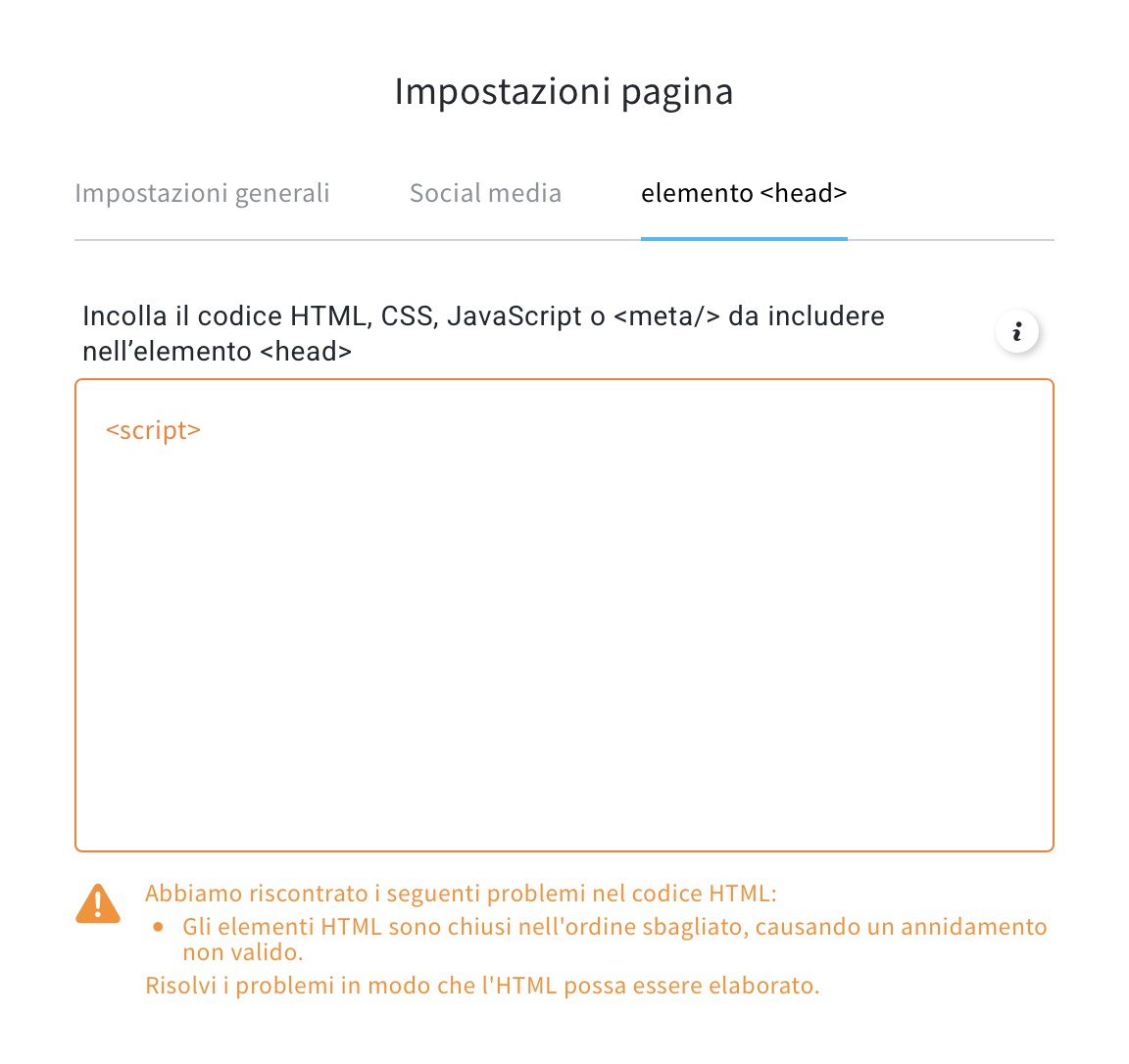Editor di codice della sezione Head