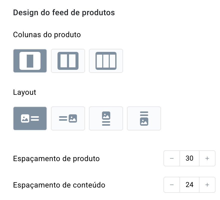 Secção de design do feed de produtos.