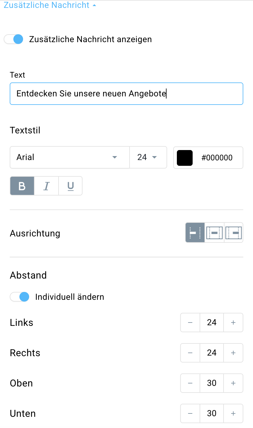 Einstellungen des Abschnitts Zusätzliche Nachricht