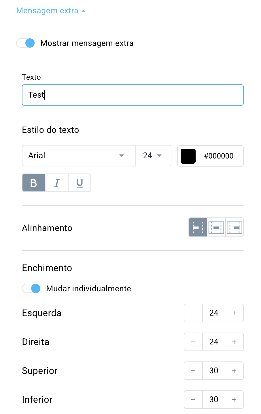 Definições da secção de mensagens adicionais.