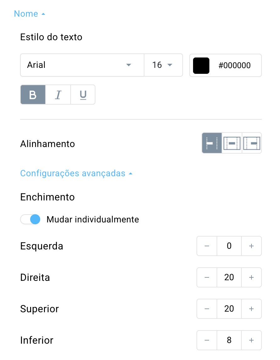 configurações de nome