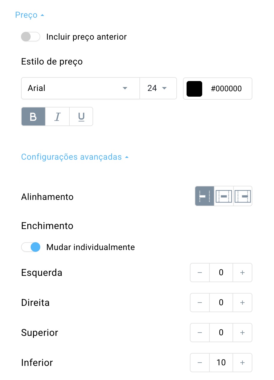 configurações de preços