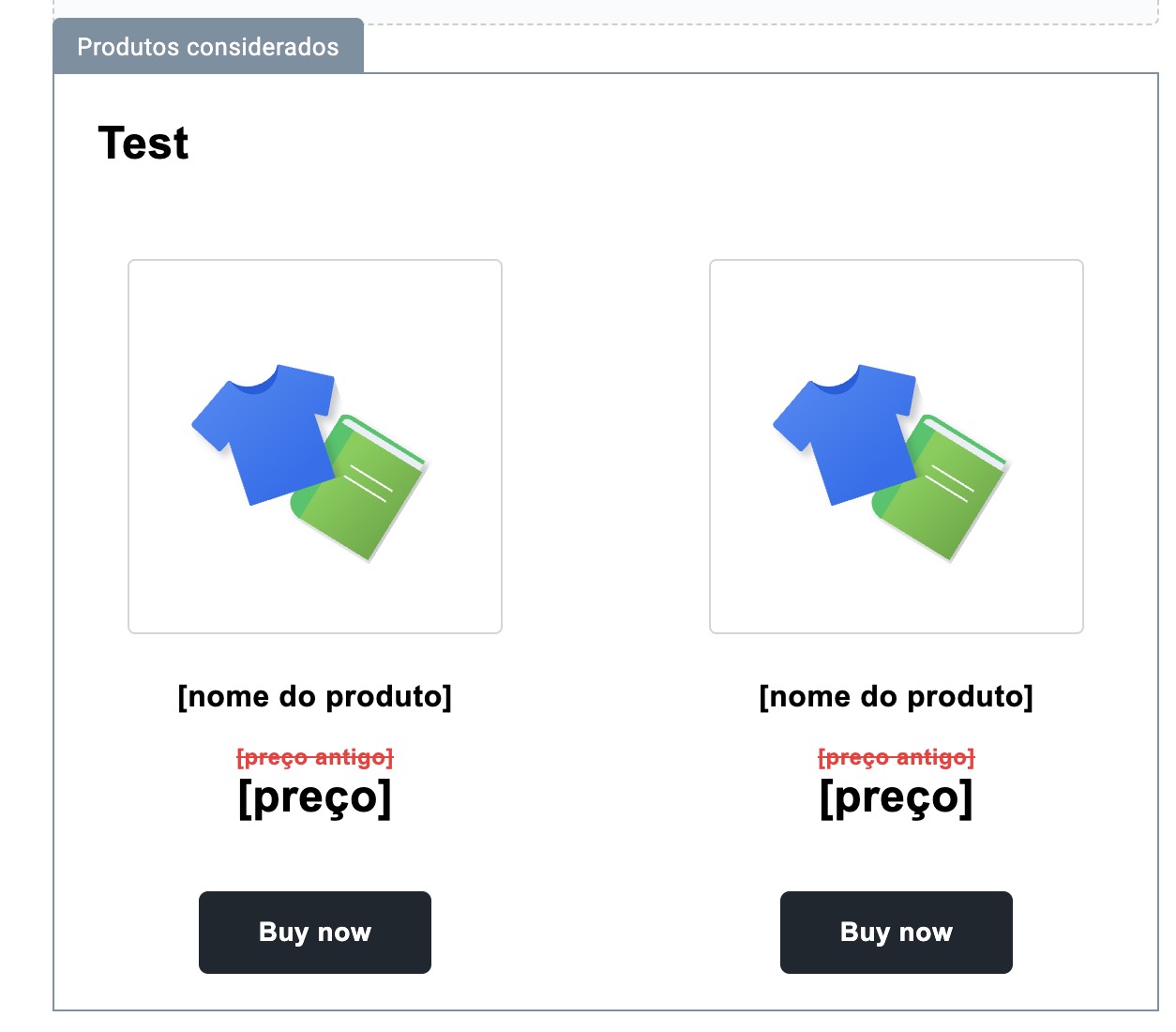 Bloco de produtos selecionados, exibindo os preços antigos e novos com desconto.